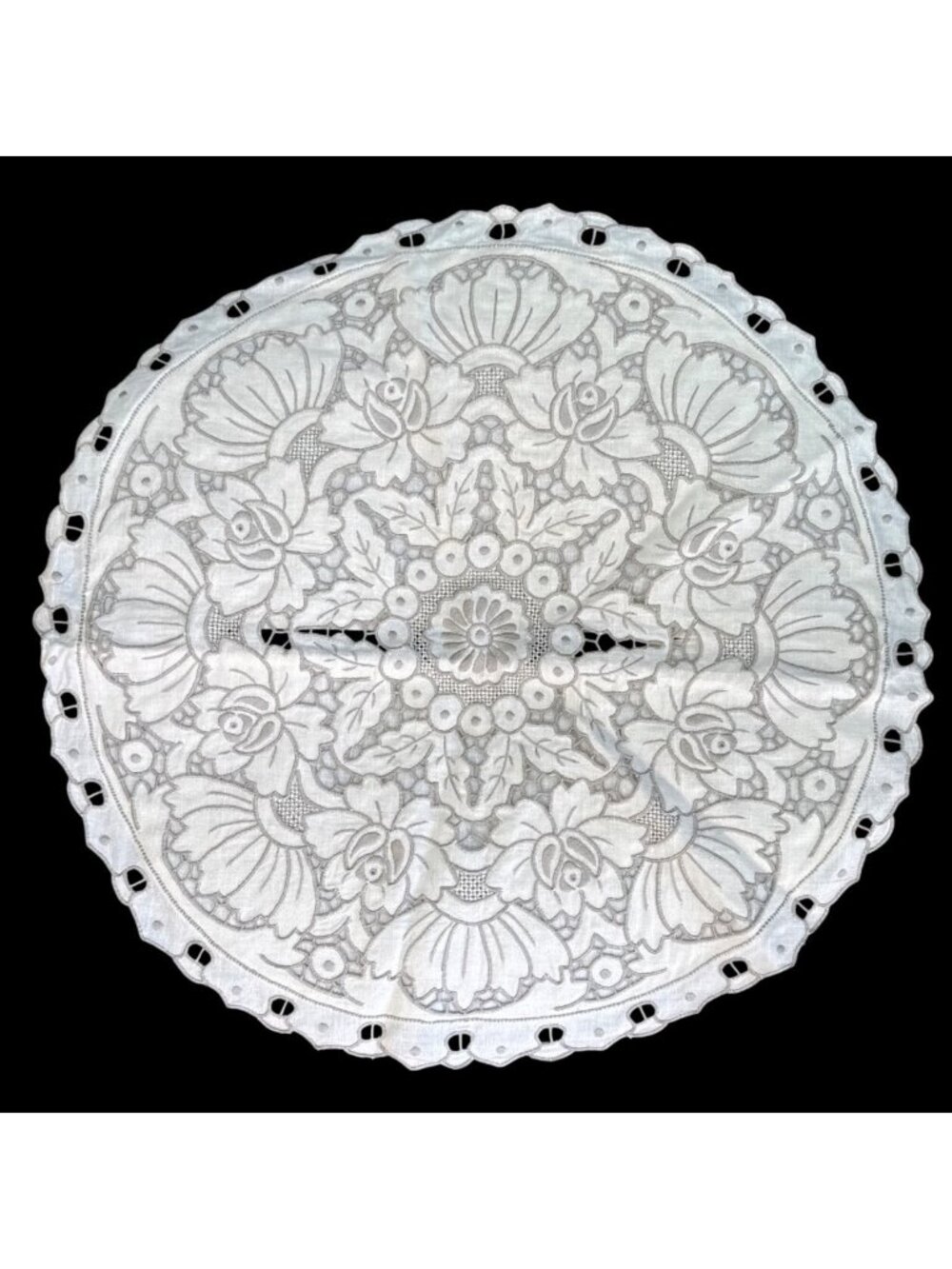 Vintage Embroidered Round Linen Doily/Pillow Cover With Cutwork Floral Design 18